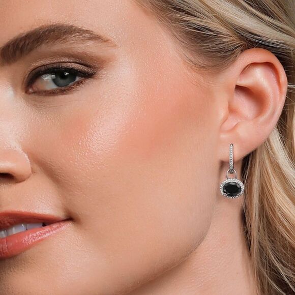 925 Sterling Silver with 5.92 Cttw Black Sapphire Oval French Lock Drop Earrings - Picture 3 of 5